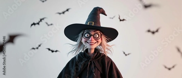 Fototapeta Sorcière effrayante avec chapeau pointu et chauves-souris sur fond blanc – Illustration Halloween”