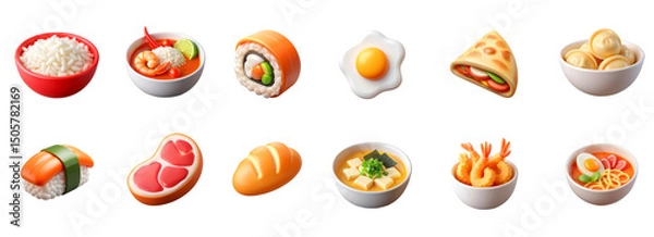 Fototapeta Big set of 3D Asian Food Icons – Glossy Minimal Emoji Style, Isolated PNG objects