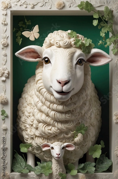 Obraz portrait of a sheep with soft white fleece on display inside a wooden box decorated with flowers and plants