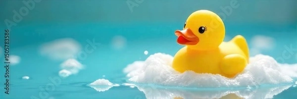 Fototapeta A bright yellow rubber ducky sits in a bubble bath, surrounded by foam and water droplets Perfect for relaxation, bath time, and childhood themes A cheerful and playful image , cute, playful