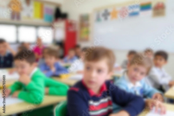 Fototapeta Young students engaged in learning within a colorful and lively classroom environment setting