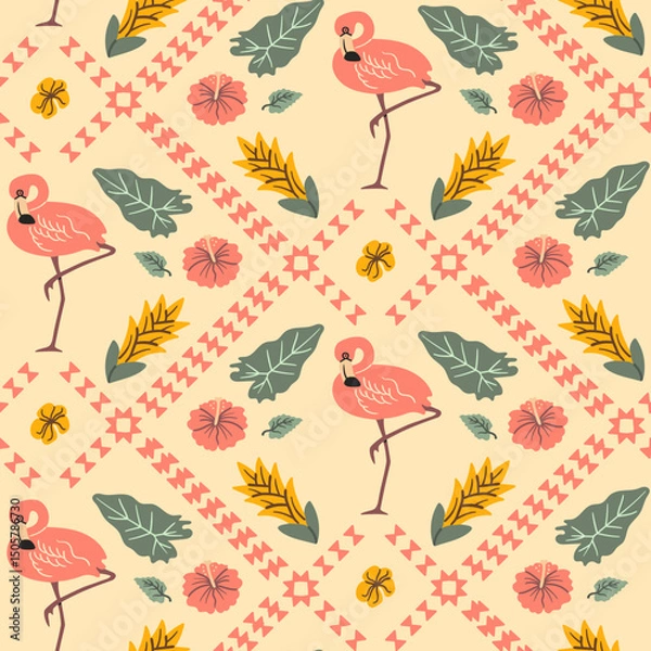 Fototapeta Seamless tropical pattern with pink flamingos, hibiscus flowers, jungle leaves, and tribal geometric elements on a warm beige background.