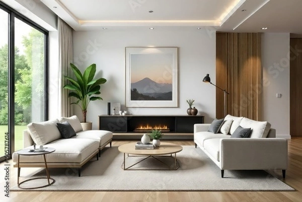 Fototapeta Sleek, minimalist living room after a modern makeover Neutral tones, updated furniture, and stylish accessories create a calm and sophisticated atmosphere , redesign, window, bright