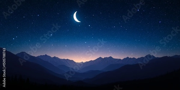 Fototapeta Stunning night landscape featuring a crescent moon and starry sky above layered mountain silhouettes. The soft gradient of twilight adds depth and serenity, making it ideal for nature themes, meditati