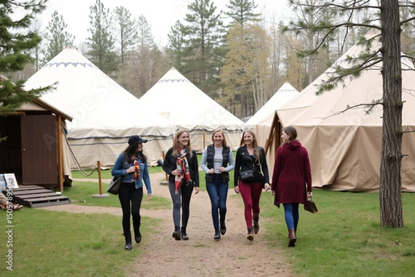 Fototapeta Women Strolling Through a Serene Glamping Site Amidst Nature