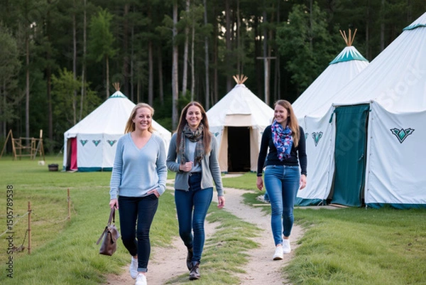 Fototapeta Three women strolling through a serene yurts village in a forest glade