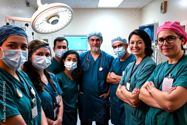 Fototapeta Medical team in scrubs and masks posing confidently in a modern operating room setting