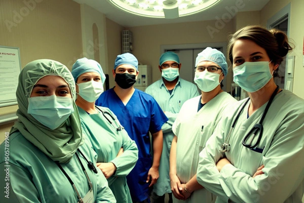 Fototapeta Medical Team Standing Ready in Operating Room with Confidence and Expertise