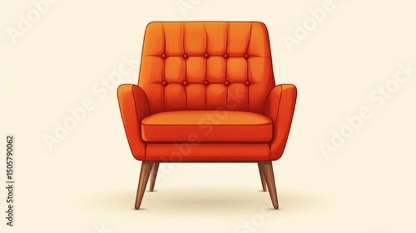 Fototapeta Modern orange armchair with tufted backrest and wooden legs on light neutral background