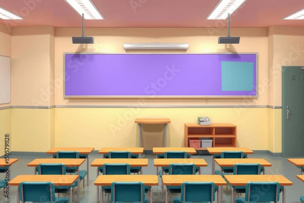 Fototapeta An empty classroom with a colorful purple and teal educational presentation background