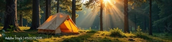 Fototapeta Crisp morning air fills a canvas tent pitched amidst towering pines, sunlight dappling through the leaves The scene evokes serenity and the escape of nature , peaceful, nature, camping