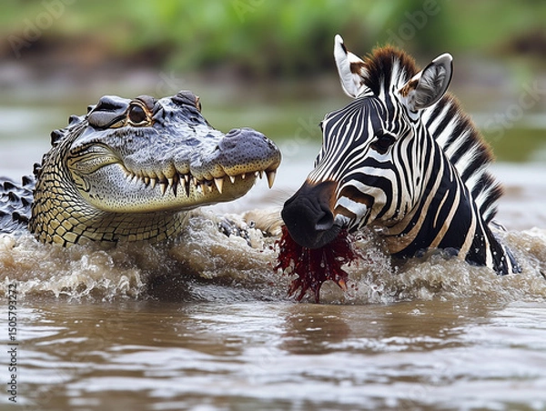 Fototapeta a crocodile attacks with open jaws a group of wildebeest and zebras as they cross a wide river in Tanzania during the great migration , ai generated