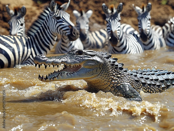 Fototapeta a crocodile attacks with open jaws a group of wildebeest and zebras as they cross a wide river in Tanzania during the great migration , ai generated