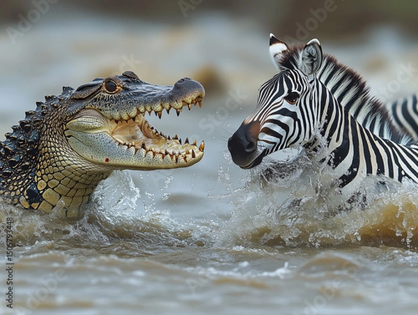 Fototapeta a crocodile attacks with open jaws a group of wildebeest and zebras as they cross a wide river in Tanzania during the great migration , ai generated