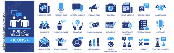 Obraz Public Relations icon set. Containing design Press Release, Microphone, Speech Bubble, Megaphone, Camera. Solid icon collection.