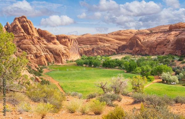 Fototapeta Green field surrounded by red rock cliffs, Moab, Utah, USA