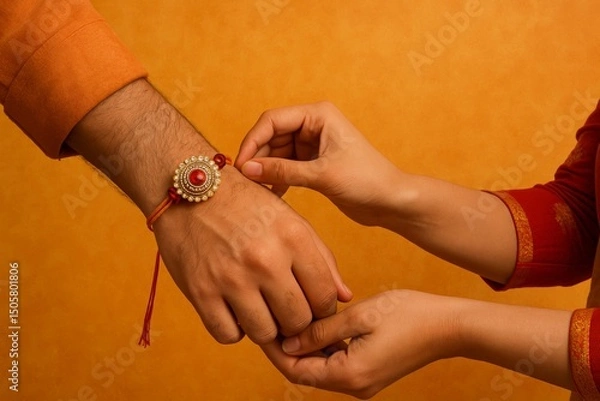 Fototapeta Detailed close-up of rakhi tied on wrist in colourful festive ritual