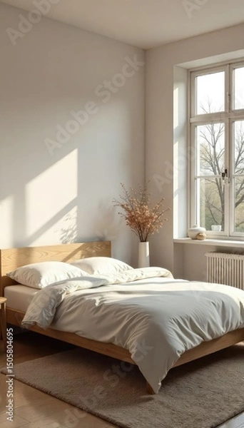 Fototapeta Serene minimalist bedroom featuring a simple bed, muted tones, and natural light; emphasizing calm and tranquility for restful sleep , neutral colors, beige, sanctuary