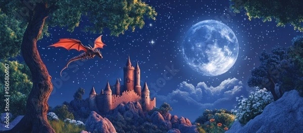 Obraz Dragon flying over a castle at night under a full moon.