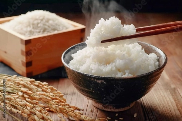 Obraz 稲穂とご飯茶碗に盛られた湯気の立ち上る白米を箸で持ち上げるシーン。日本の和食イメージ