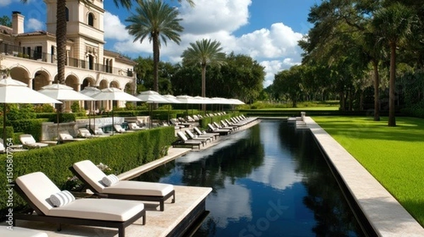 Obraz Luxurious resort pool with chaise lounges, umbrellas, and manicured landscaping.