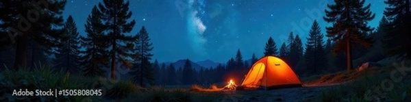 Fototapeta A crackling campfire under a starlit summer sky, illuminating a tent nestled amongst towering pine trees The perfect summer camping scene evokes tranquility and adventure , nature scene, night
