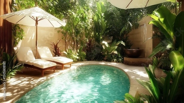 Obraz Lush tropical garden with private pool, loungers, and waterfall.