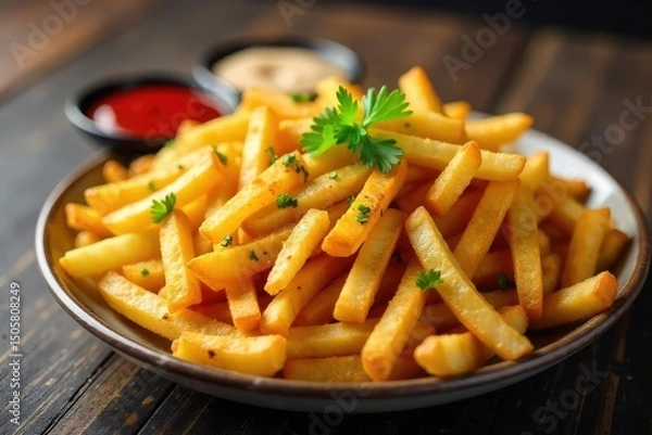 Fototapeta A generous platter overflowing with golden-brown, crispy fries, seasoned to perfection Perfect for sharing or a hearty individual meal Served with various dipping sauces , mayonnaise, dinner