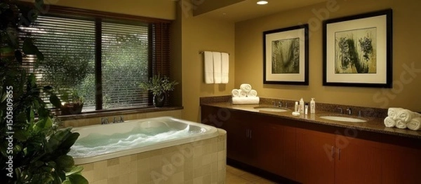 Obraz Luxurious bathroom with jacuzzi tub, large window, and double vanity.