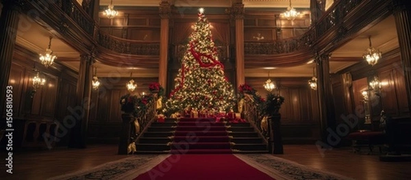 Obraz Grand staircase with a large Christmas tree in a luxurious mansion.