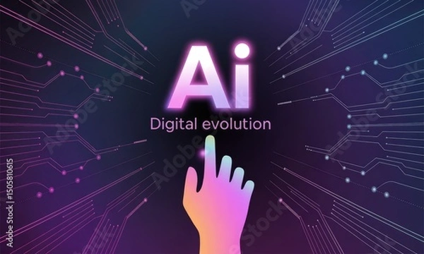 Fototapeta Hand reaching towards the glowing AI symbol, representing digital evolution concept.