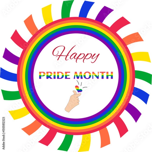 Fototapeta Pride month celebrations, Round Rainbow Frame with hand making love gesture with rainbow heart. For LGBTQ rights, equality and diversity themes. Vector Illustration