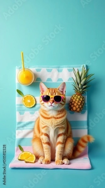 Obraz Cool Cat on Beach Towel with Summer Treats
