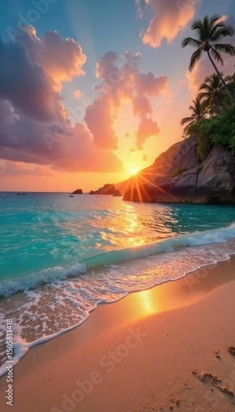 Fototapeta Stunning panoramic view of a tranquil beach at sunset, with golden sand, turquoise water, and a vibrant sky Perfect for travel, vacation, and summer themes , sunset, background
