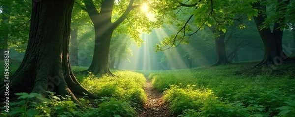 Fototapeta Sun-dappled forest floor, lush green undergrowth, ancient trees casting shadows Perfect for nature, fantasy, or fairytale themes High-resolution image , deep, mossy