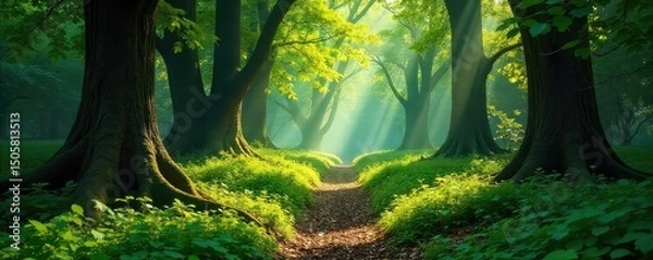 Fototapeta Sun-dappled forest floor, lush green undergrowth, ancient trees casting shadows Perfect for nature, fantasy, or fairytale themes High-resolution image , forest, detail, ecosystem