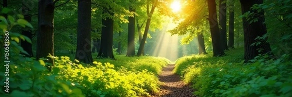 Fototapeta Sun-dappled forest path in summer, lush green foliage, dappled light filtering through leaves, tranquil woodland scene, vibrant summer nature , nature, ecosystem