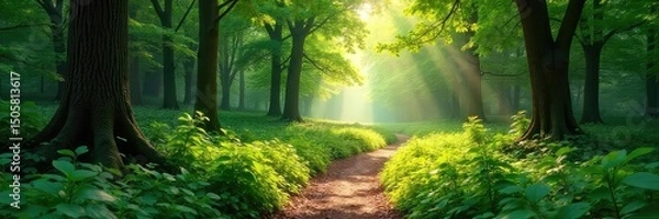 Fototapeta Sun-dappled forest path winding through lush greenery, sunlight filtering through leaves, creating a magical atmosphere Perfect for travel, nature, and fantasy themes , green, habitat