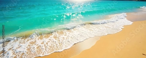 Fototapeta Sun-drenched beach, golden sand meets a shimmering turquoise sea Waves gently lap the shore, creating a breathtaking, idyllic scene Perfect for travel, vacation, or summer themes , horizon, peaceful
