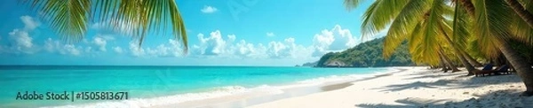 Fototapeta Sun-drenched beach scene with vibrant turquoise water, soft sand, and lush palm trees swaying gently in the warm breeze Perfect for summer travel and vacation themes , heat, relaxation, waves