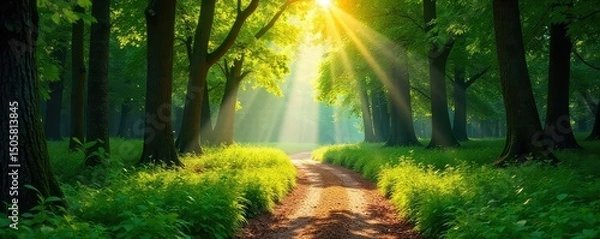 Fototapeta Sunlight dapples through the leaves of a lush forest, illuminating a tranquil path winding through a vibrant park Perfect for nature, serenity, and environmental themes , plants, autumn, trees