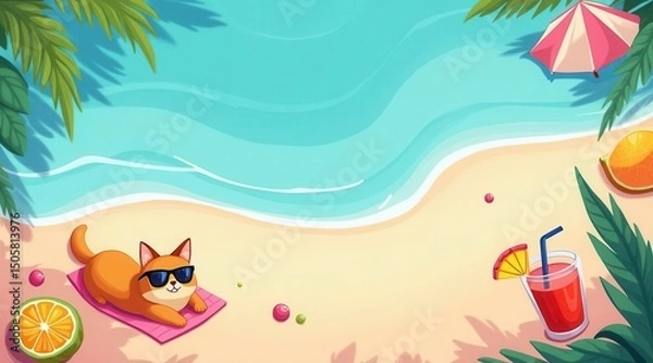 Obraz Cat Relaxing on Tropical Beach
