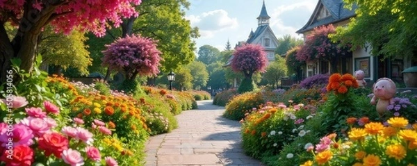 Fototapeta Vibrant floral displays and whimsical sculptures adorn a beautifully landscaped park, creating a magical atmosphere perfect for relaxation and enjoyment , sculpture, daylight