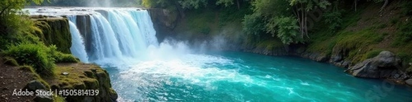 Fototapeta Vibrant turquoise waterfall cascades down mossy rocks, creating a stunning spectacle of nature's artistry Sunlit spray adds to the magical, ethereal ambiance , geological formation, moss, tropical