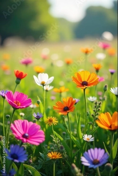 Fototapeta Vibrant wildflowers bloom in a sun-drenched meadow, creating a breathtaking natural tapestry of color and texture Perfect for illustrating spring, summer, or nature themes , wild rose, texture