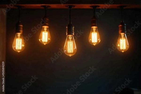 Fototapeta Warm, inviting glow of multiple Edison-style light bulbs hanging from a dark ceiling, casting a soft, ambient light , lighting, decoration, pendant light