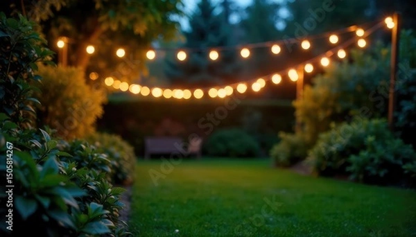 Fototapeta Warm, inviting glow of outdoor string lights draped across a lush green garden at night Perfect for ambiance, relaxation, and summer evenings , cozy, party, energy efficient