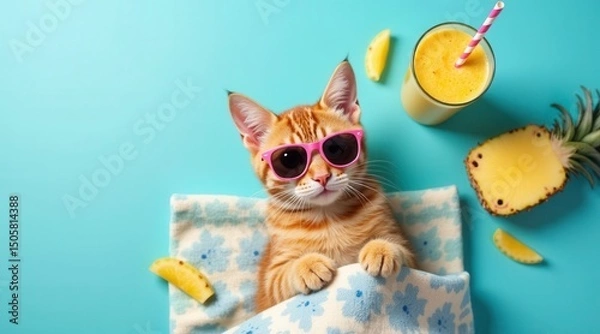 Obraz Cool Cat Enjoying a Pineapple Smoothie