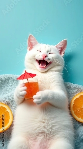 Obraz Happy Cat Enjoying a Summer Drink