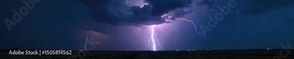 Fototapeta Dramatic, powerful lightning storm illuminates a dark, stormy sky over a vast, empty landscape The electrical energy crackles, illuminating the clouds with intense brightness , weather, thunder